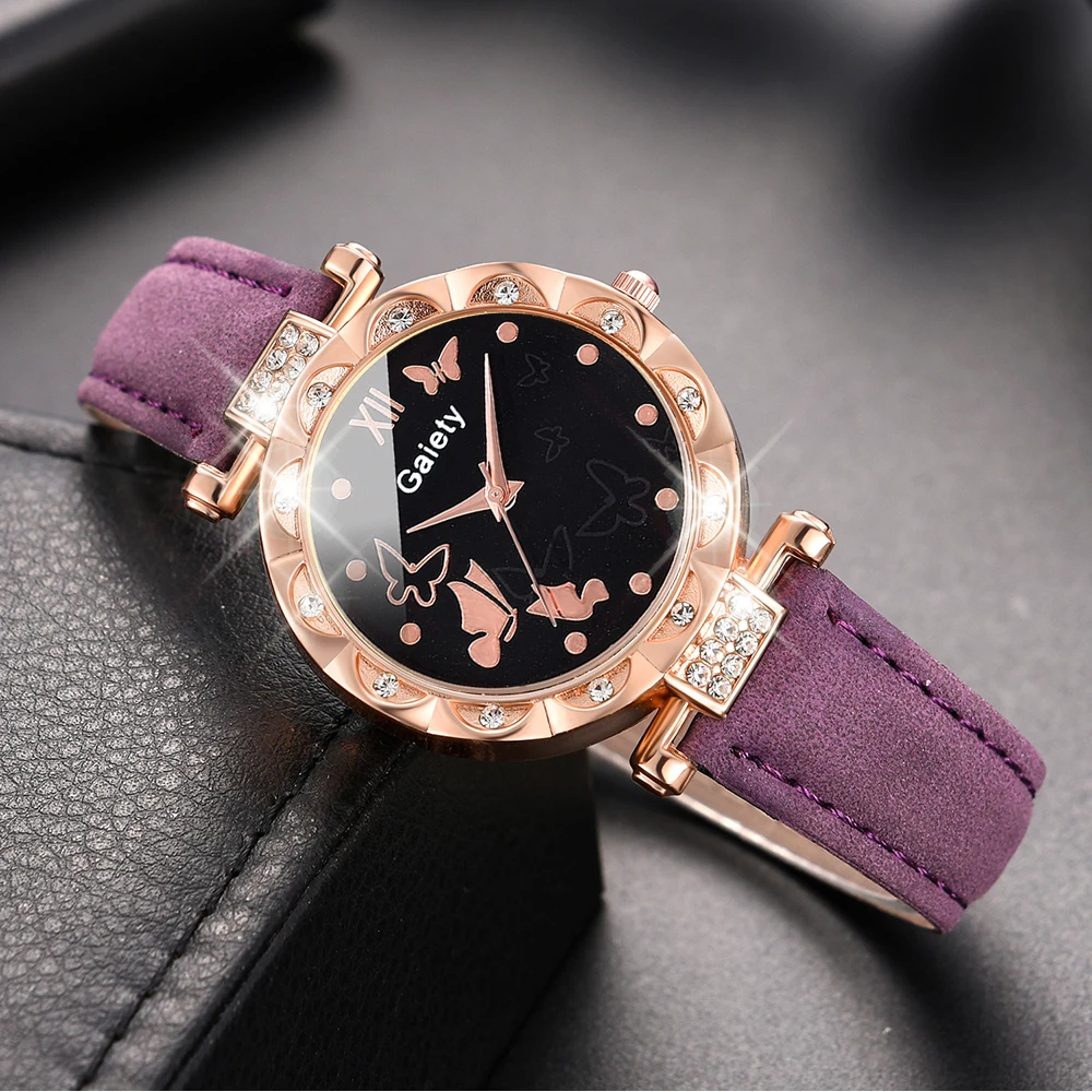 Purple Ladies Quartz Watch 6PCS/Set Butterfly Element Dial Wristwatch Leather Strap Watch Set Purple Jewelry Gift For Her