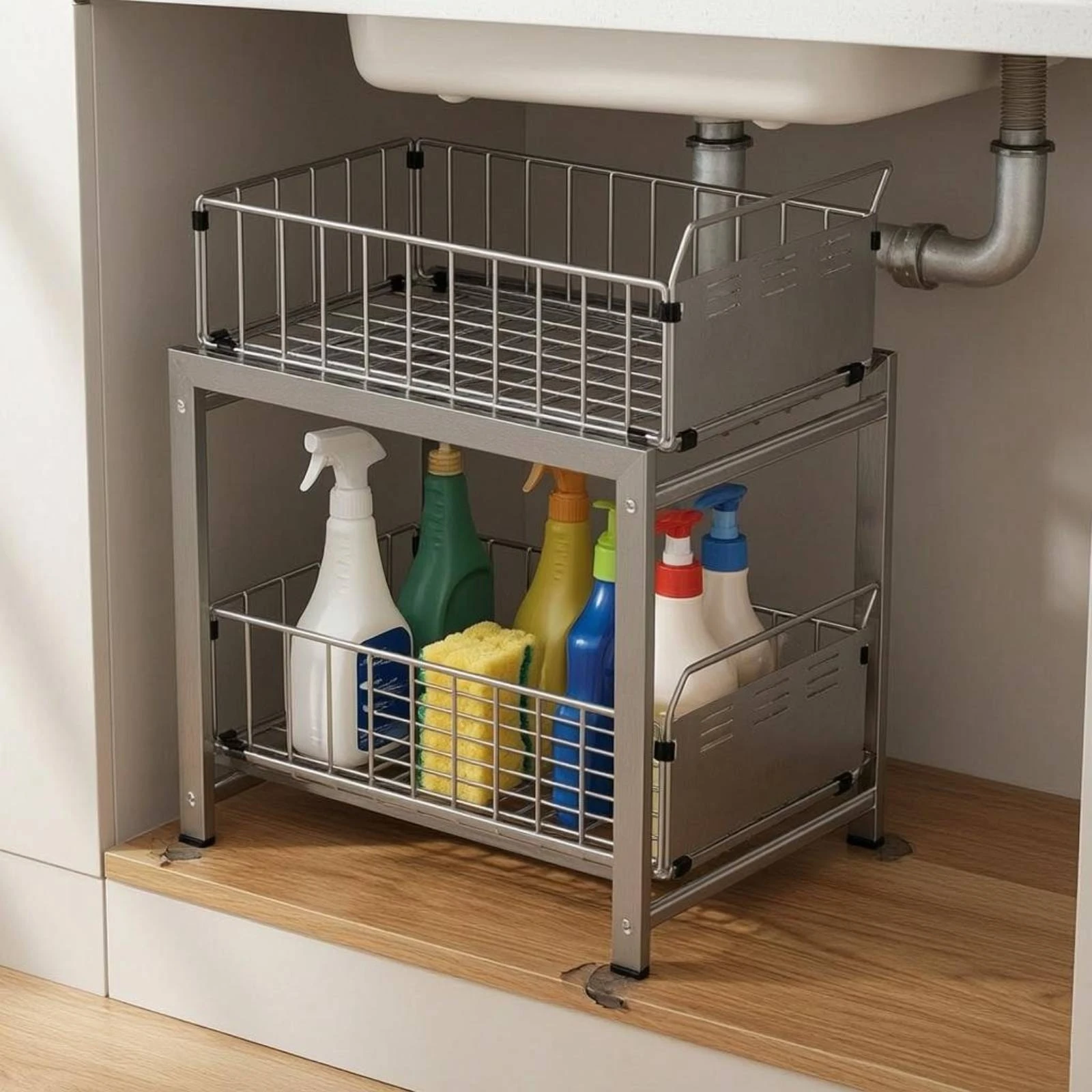 

Under Sink Organizer Grid Grid Under-Sink Rack Wire Basket Rack Rectangular Frame Home Storage Horizontal Slots for Countertop