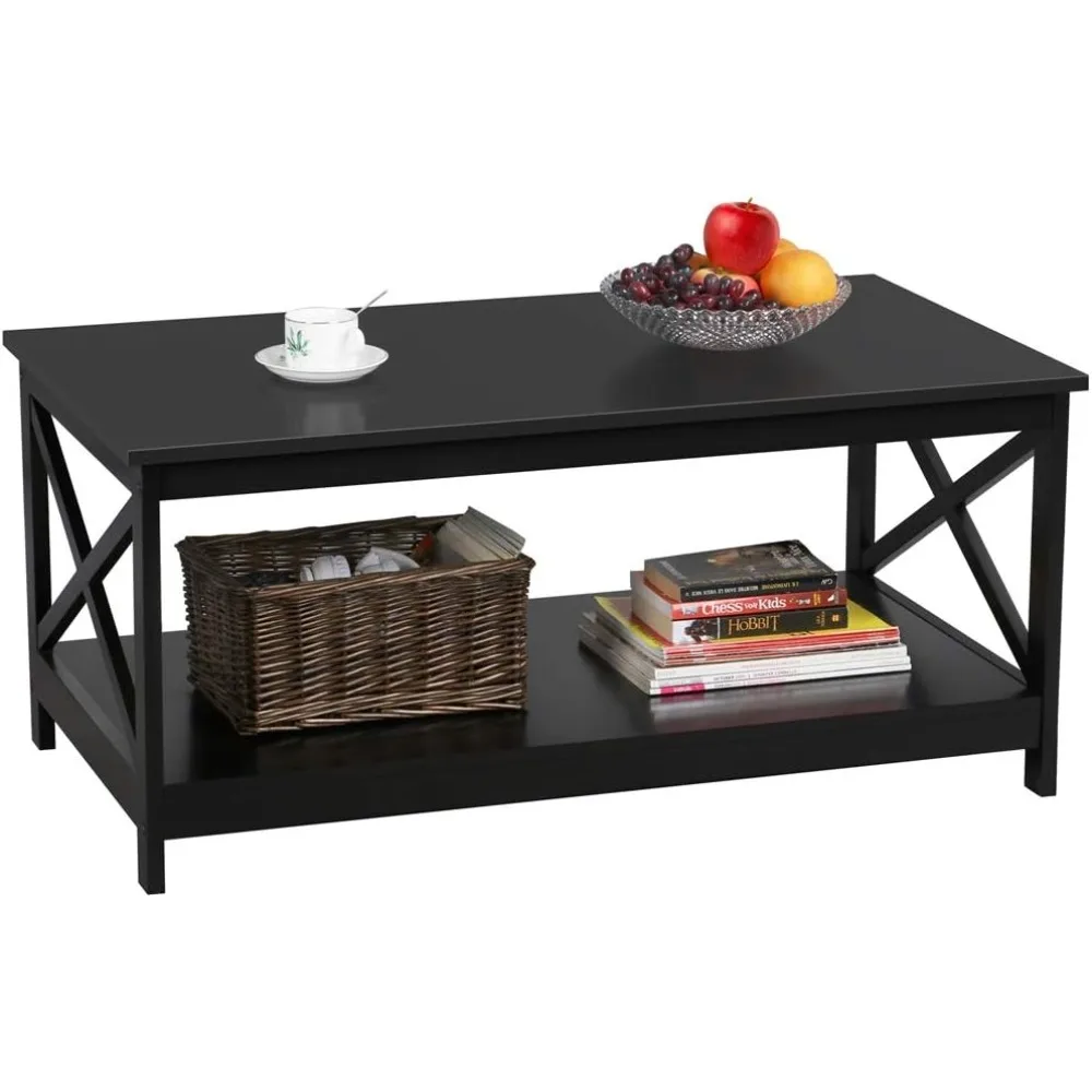 

Wood 2-Tier Black Coffee Table with Storage Shelf for Living Room, X Design Accent Cocktail Table, Easy Assembly Home Furniture