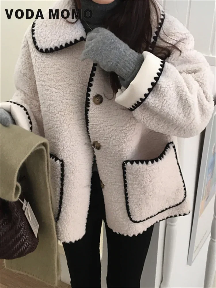 

Korean Chic Autumn Winter Warm Panelled Contrast Color Sweet Jacket Women Sweet Flip Collar Single Breasted Loose Short Coat