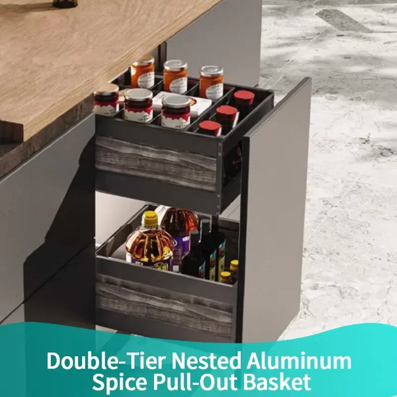 Soft-closing double-layer nested spice storage basket, suitable for hotel room cabinets and restaurant integrated decorative