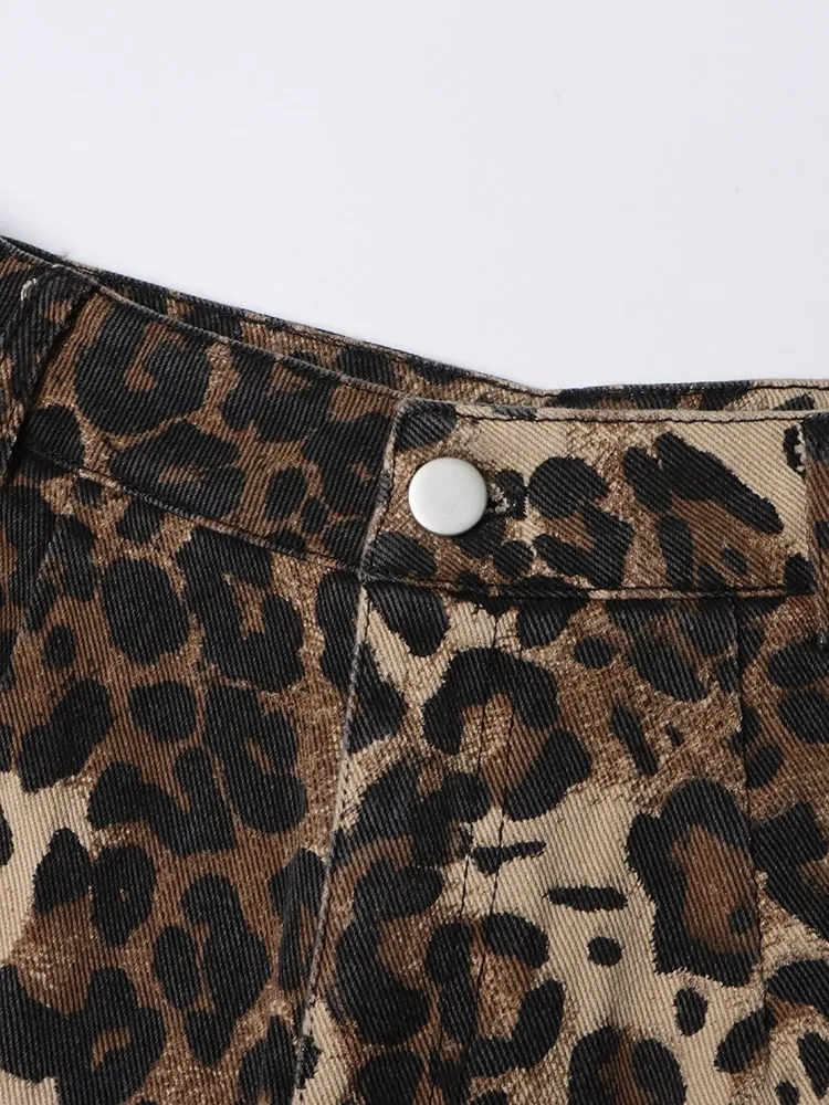 TWOTWINSTYLE Colorblock Leopard scava fuori i pantaloni in Denim per le donne Jeans a gamba larga con tasca impiombata a vita alta moda femminile nuovo