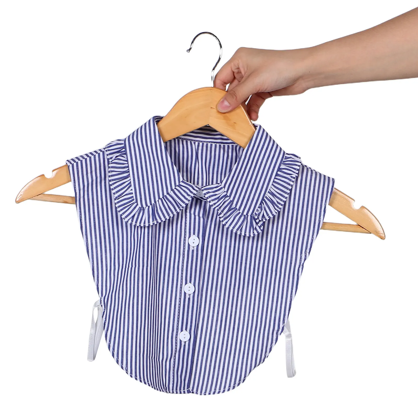 Blue Striped Pleated Detachable Collar Ruffled Edges Fake Shirt Neck Half Blouse Business Formal Outfit Collar False