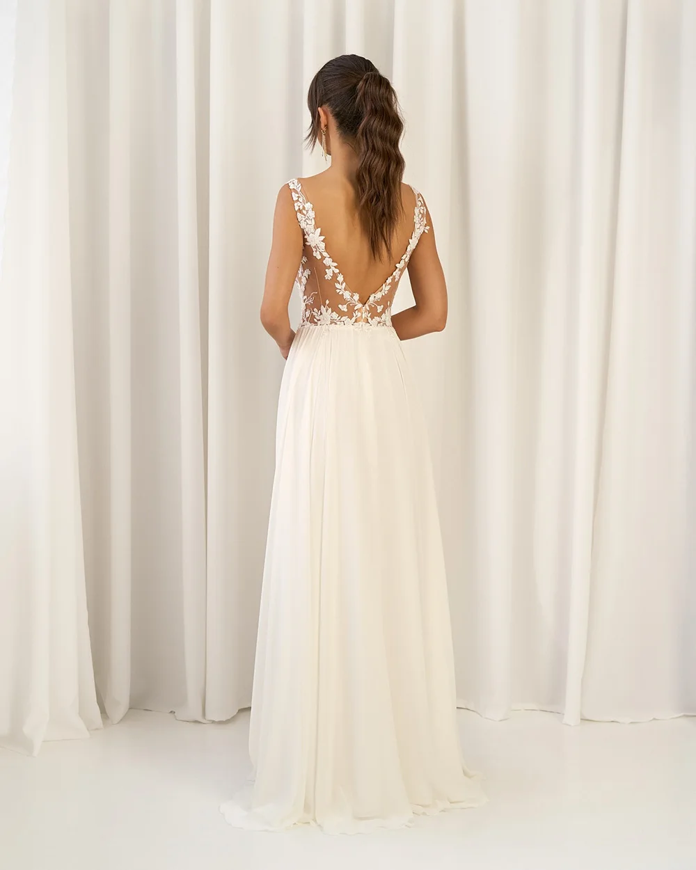 2025 فساتين الزفاف المدنية الخامس الرقبة الدانتيل زين لينة الشيفون عارية الذراعين بوهو فساتين زفاف النساء ألف خط فستان عرائس مخصص