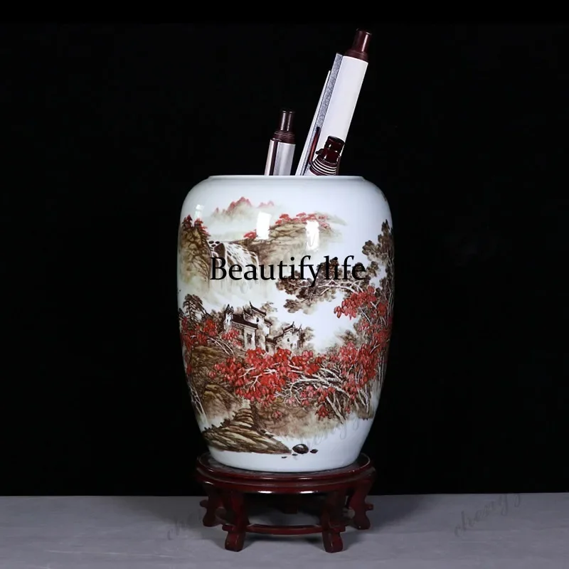 03 Ceramic hand-painted floor-to-ceiling vase ornament, living room painting and calligraphy bucket, scroll cylinder