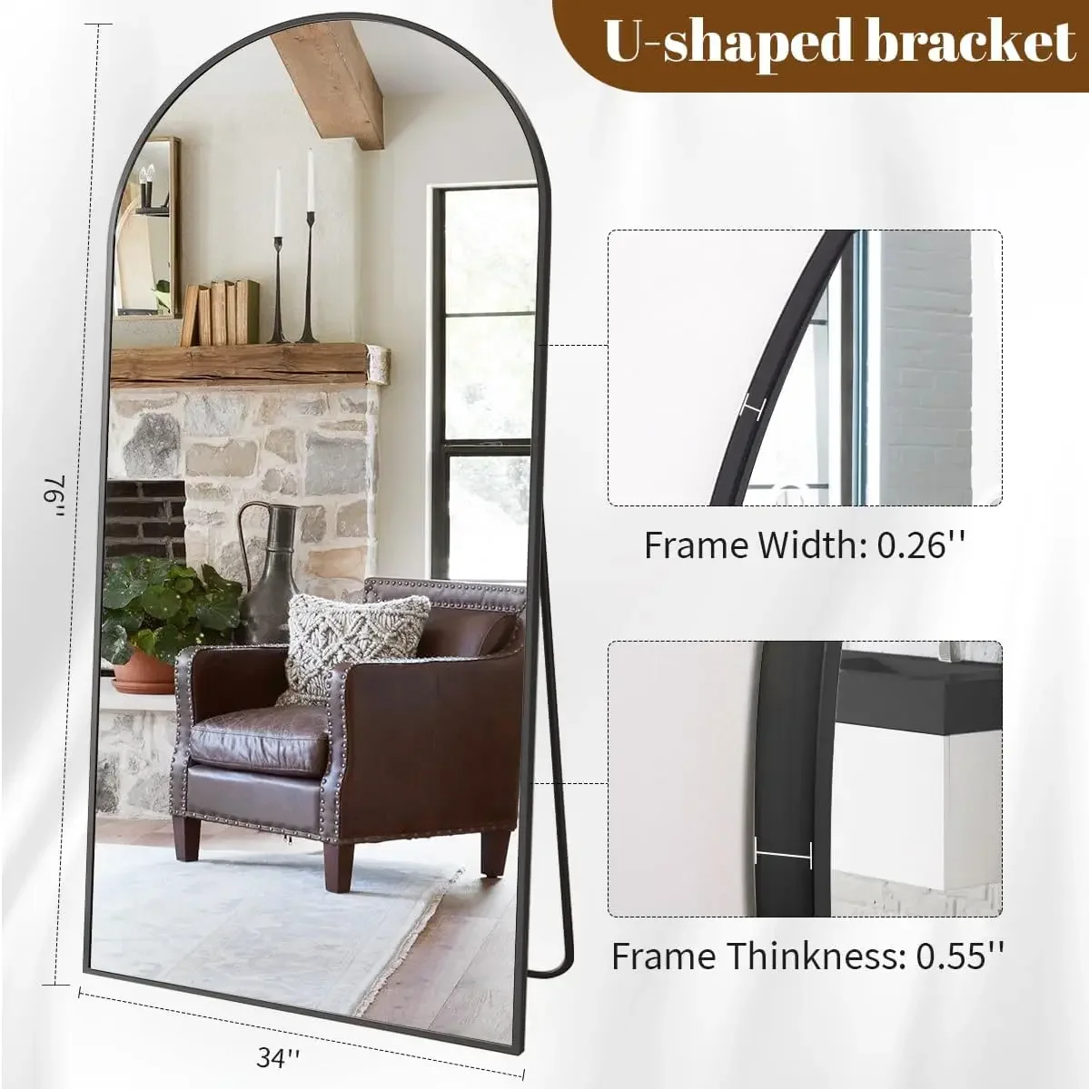 34"x76" Arched Full Length Mirror, Black Large Floor Mirror with Aluminum Alloy Frame Standing Hanging or Leaning Wall-Mo