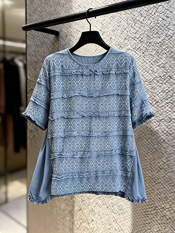 

Large Size Summer New Design Embroidered Lace Splicing Loose Shoulder Women's Shirt Korean Style Commute Wind round Neck Shor...