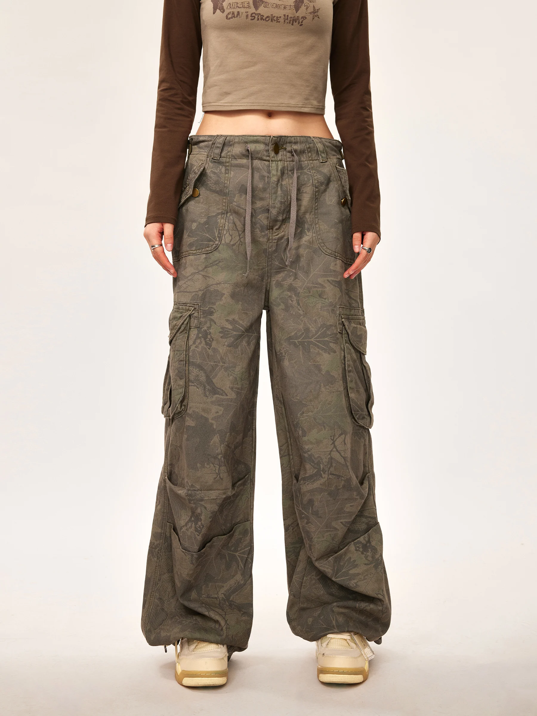 American Retro Camouflage Workwear Casual Pants for Women in Autumn High Street Design, Hip-hop Leggings, Wide Leg Pants Trend