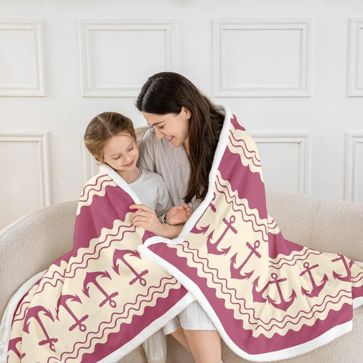 Anchor blanket nautical design red and cream pattern soft throw beach decor bedroom textile maritime accessory