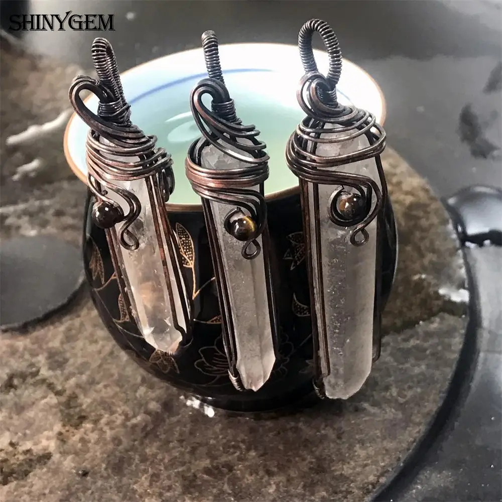 

diy handmade red brass wire wrapped natural clear crystals healing stones hexagonal point pendant necklace for mother days gifts