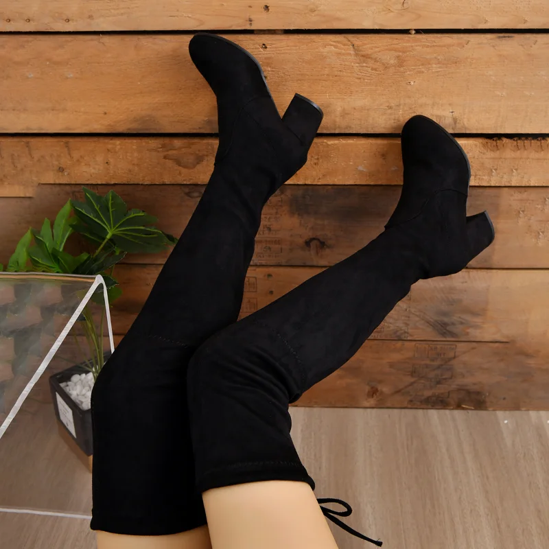 Thigh High Sock Boots Women Over-the-knee 2023 Autumn Winter Chunky Heels Black Designer Elegant Sexy Medium Heel