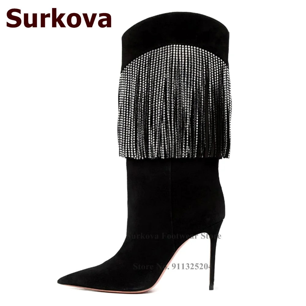 

Surkova Black Seude Silver Crystal Fringe Mid-calf Boots Thin High Heel Pointed Toe Glitter Rhinestone Tassel Middle Boots Pumps