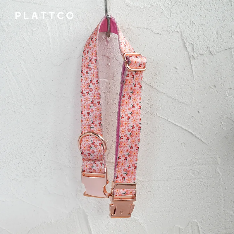 PLATTCO unique design dog collar print PINK LILY pattern with high-quality rose gold buckle 5 size PDC301RG