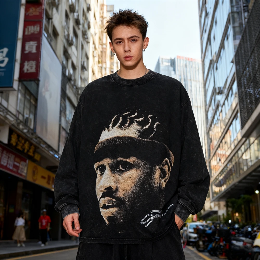 

KUCLUT Streetwear Character BIG FACE Graphics Printed Best Quality Tee Oversize Long Sleeves Vintage Loose T Shirt Men Woman