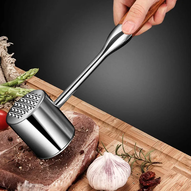 Meat Tenderizer Tool Meat Mallet Hammer 304 Stainless Steel Meat Pounder Wood Handle for Tenderizing Flattening Beef Chicken