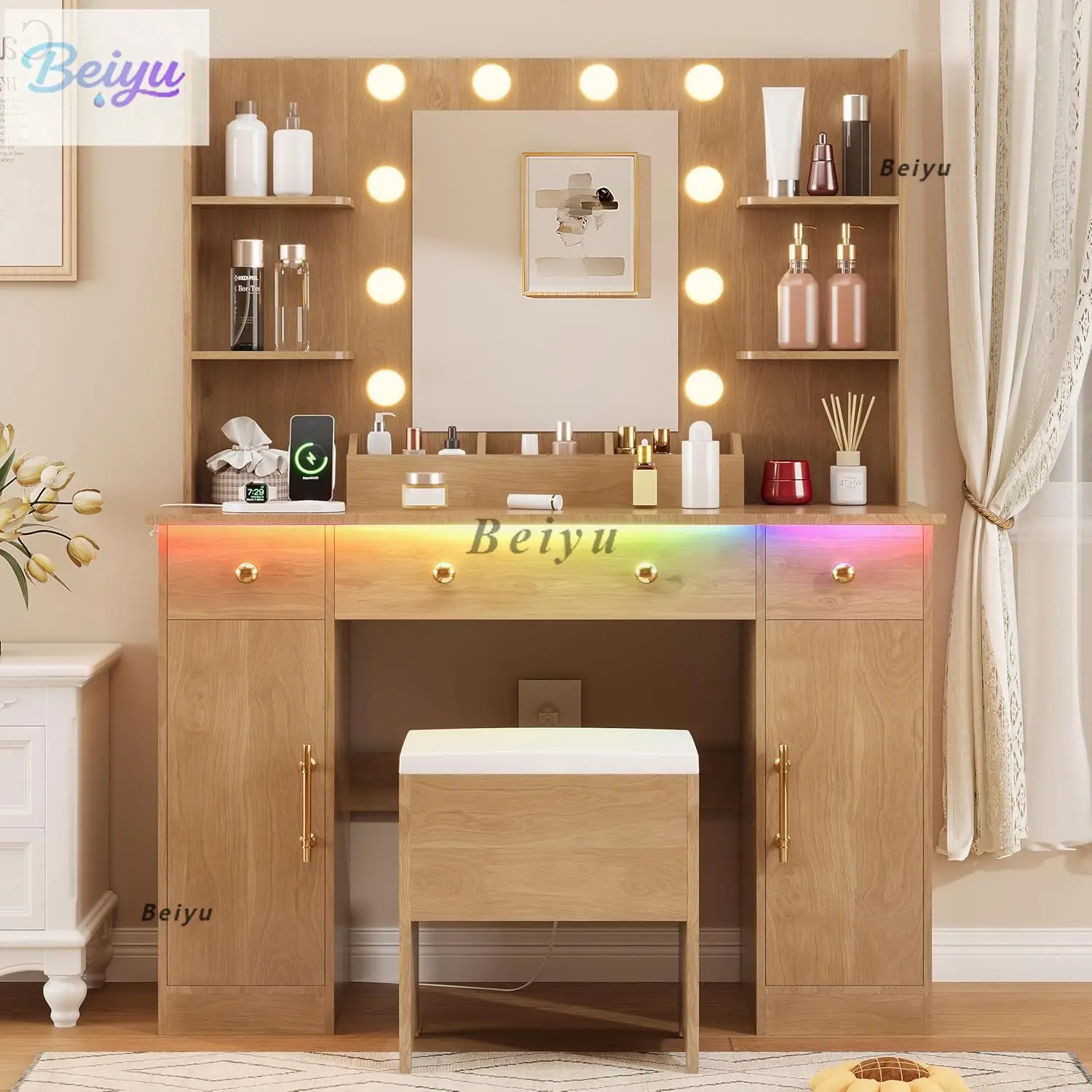 خزانة مع مرآة ومصباح، طاولة زينة خشبية مع محطة شحن ومقعد، مع 3 أدراج #1