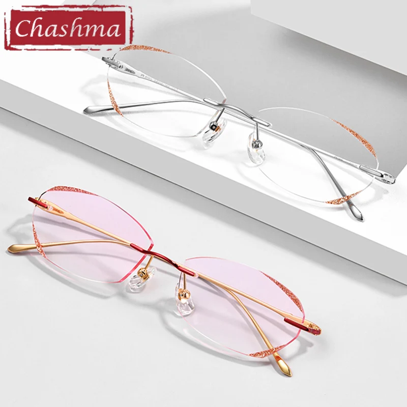 Chashma Elegant Rimless Eyeglasses Titanium Fashion Female Eye Glasses Diamond Cut Spectacle Frames Women Sunglasses Tint Lens