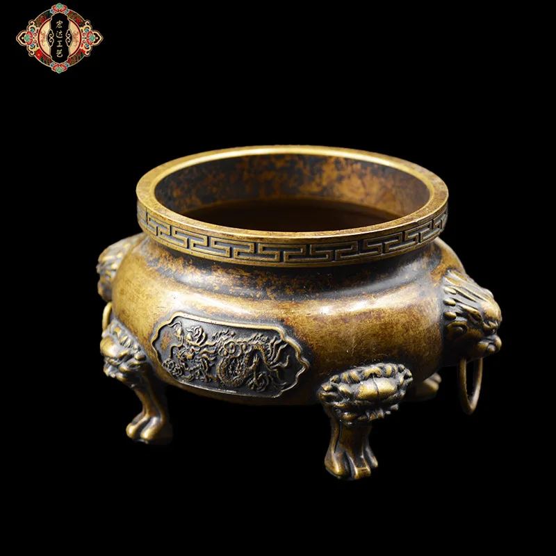 

Brass Coated Pulp Lion Head Double-Ring Buddha Statue Enshrine Dragon and Phoenix Four-Foot Furnace