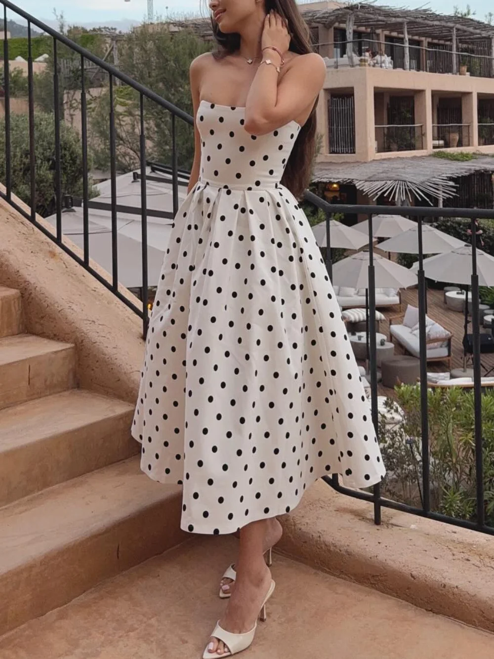 Elegant Polka Dot Printed Long Dress Women Fashion Sleeveless Off Shoulder High Waist Slim Fit Dress 2025 High Street Clothing
