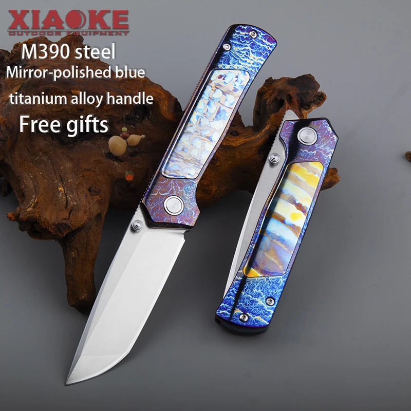 

M390 Folding Pocket Knife TC4 Titanium Handle with Lightning Pattern Mirror Finish High-End Collector EDC for Camping Hunting