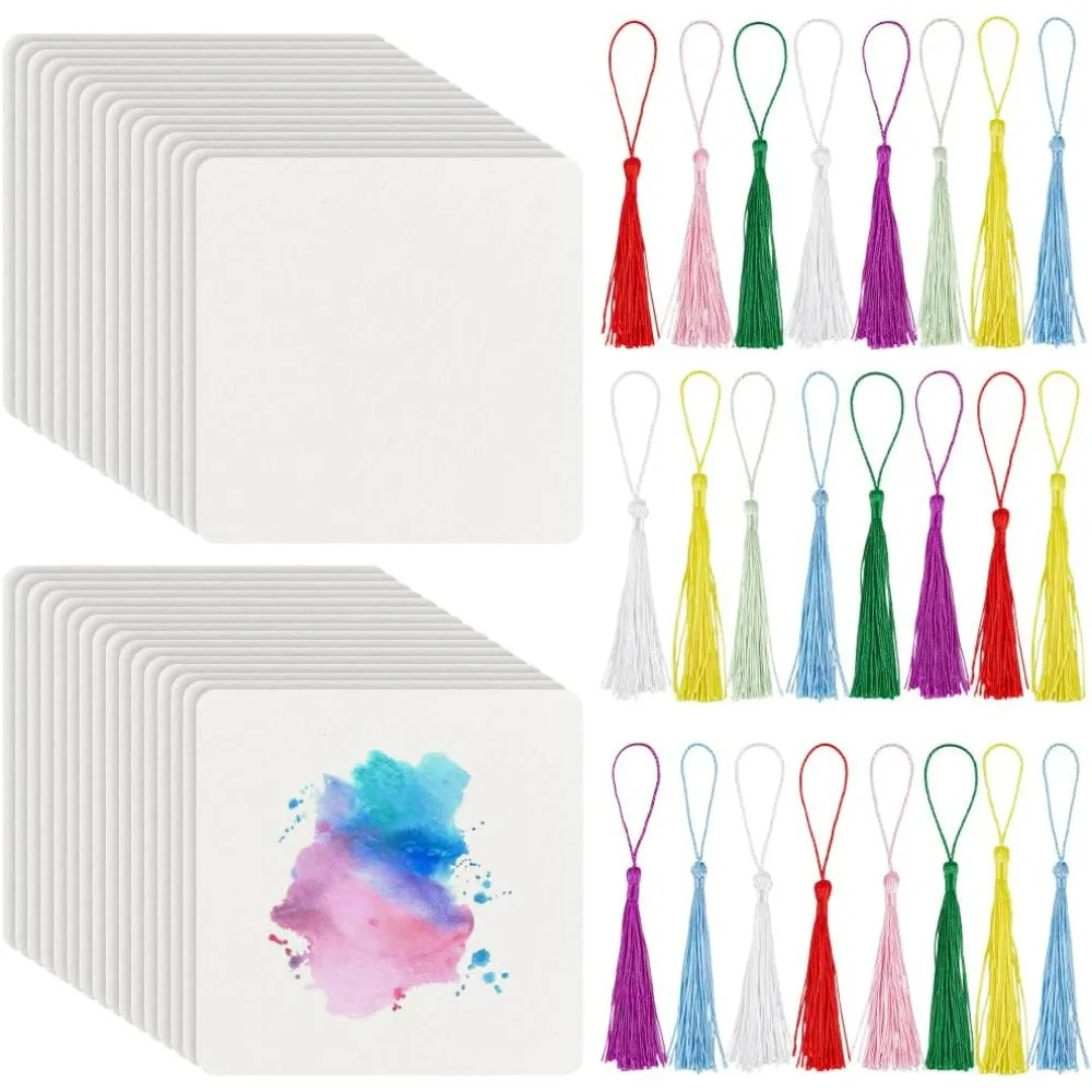 50 Packungen Künstlerfliesen, 4,7 Zoll, quadratische Zentangle-Papierfliesen, leere Karten mit 25 Quasten, Papierbögen für Skizzenbuch-Notizbücher