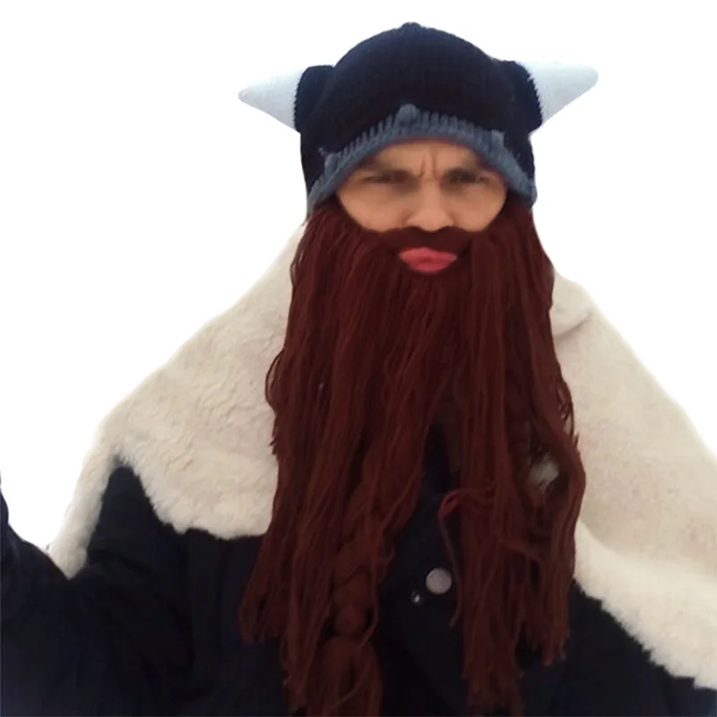New Autumn and Winter Horn Hats with Big Beard, Amazon Viking Funny Creative Men and Women Wool Hats for Halloween Export