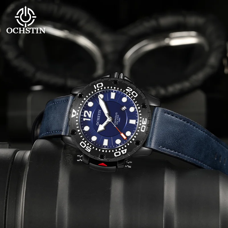 OCHSTIN Men's Navigator Series Leather Strap Wristwatch Man Quartz Movement Watches Luminous Hand Calendar Business Luxury Watch