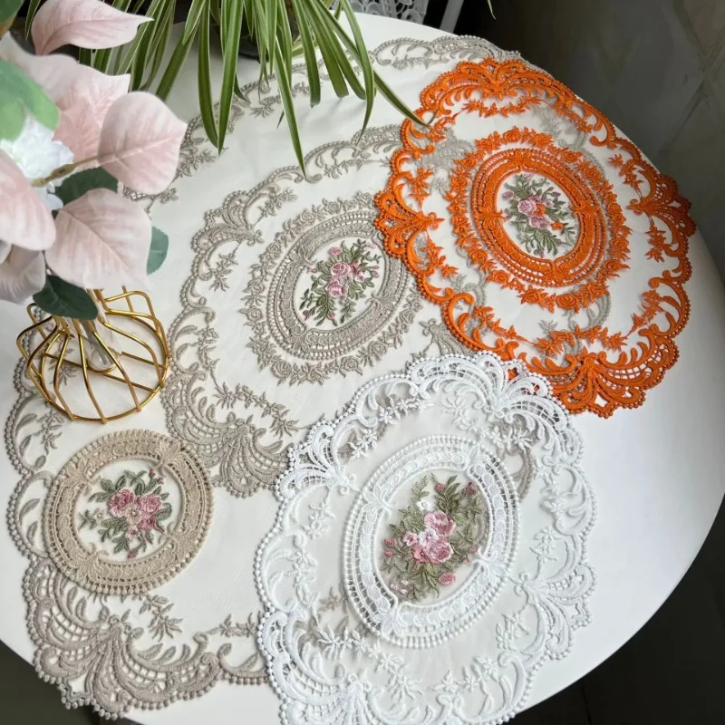 Oval Lace Embroidery Table Place Mat Ins Christmas Pads Cloth Placemat Cup Coffee Tea Coaster Doily Kitchen Table Decoration