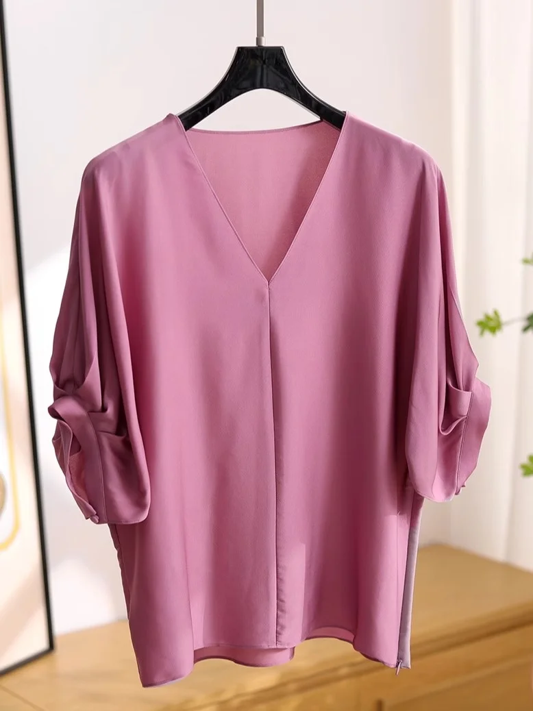 

Шелковая женская блузка с рукавами-фонариками и V-образным вырезом во французском стиле, прямого кроя, легкая, летняя, с эластичными вставками, на молнии, однотонная
