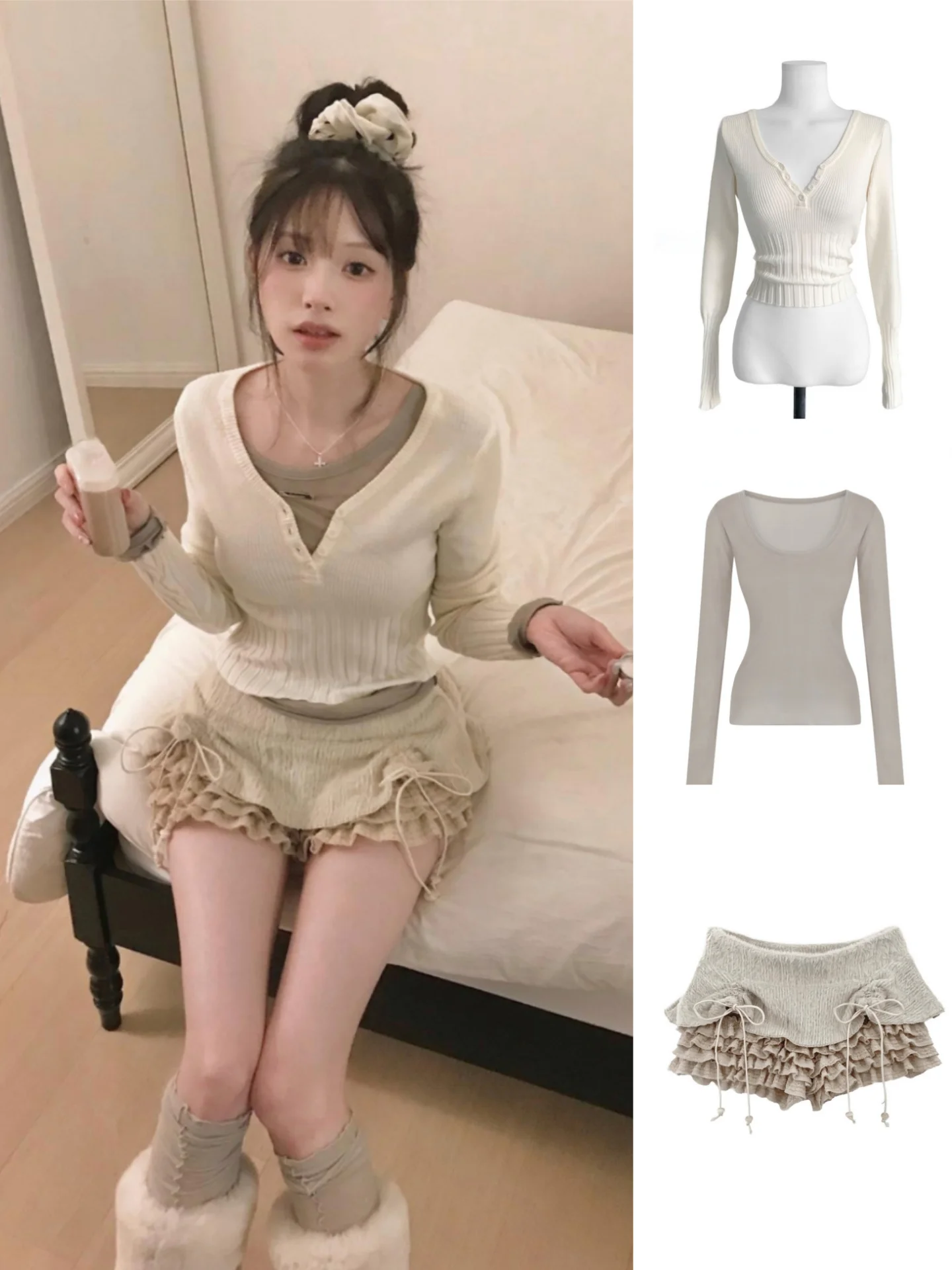 Slimming Long Sleeve V-Neck Knitwear Women's Drawstring Bridesmaid Top Skirt Korean Style Autumn Winter Fashion Soft Fabric