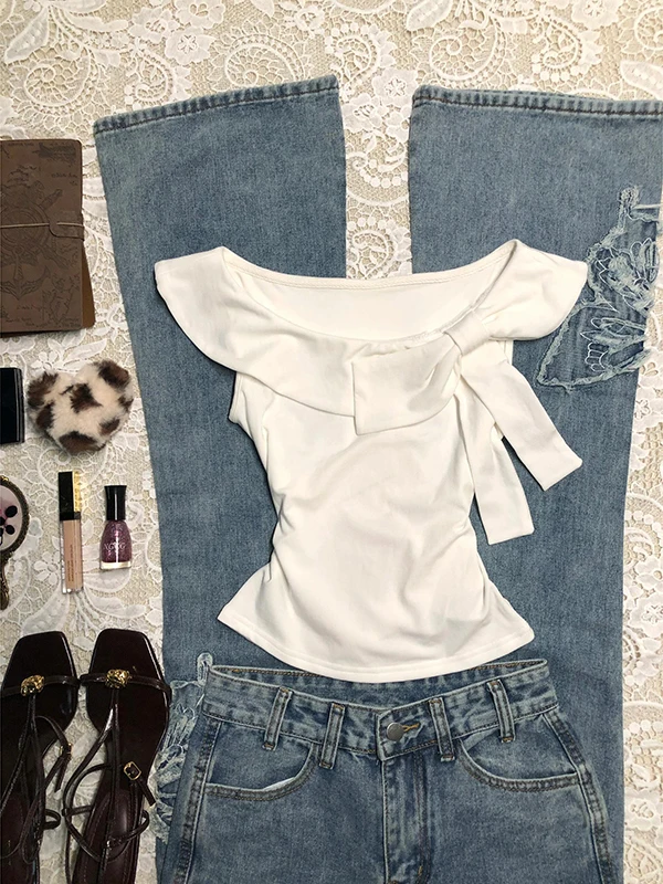 

Оригинальная белая футболка на одно плечо с узлом, женская летняя винтажная маленькая футболка, корейский облегающий хлопковый топ...