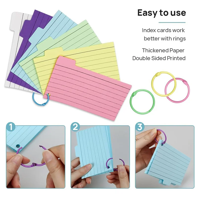 600 Pack Index Cards, 3Inch X 5Inch Ruled Index Cards With Ring, Colored Lined Flash Cards, Both Sides Note Cards