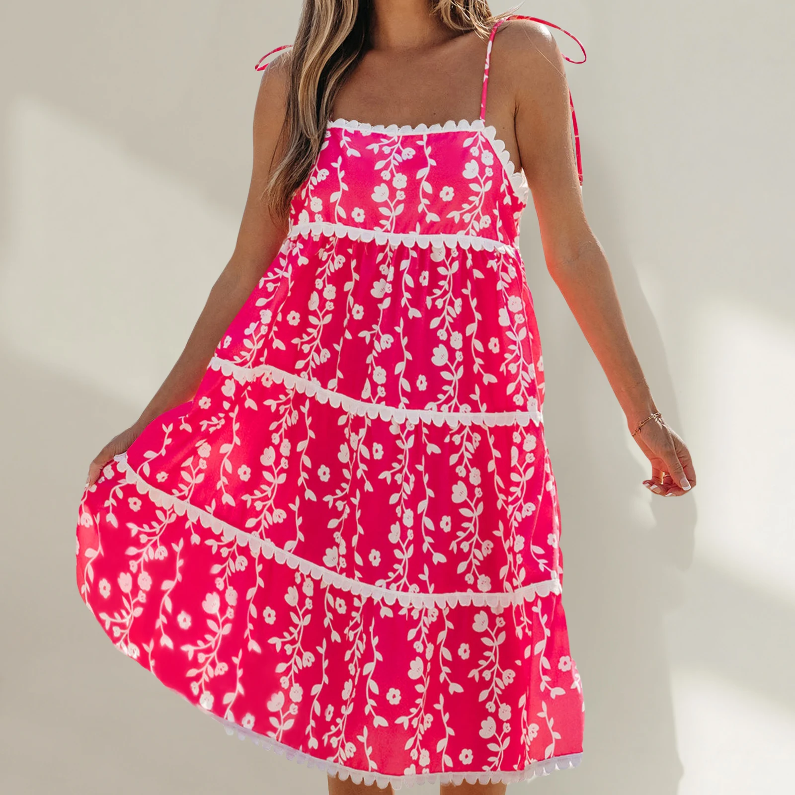 

New Womens Floral Print Mini Dress Summer Sleeveless Tie Spaghetti Strap Dress Flowy Beach Dress Hot Sale XL-4XL