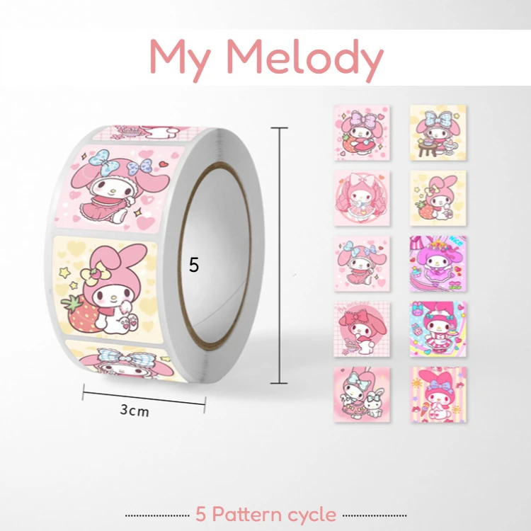 Rotolo di adesivi Sanrio 500 pezzi Cartoon Cute Cinnamoroll Ricompensa per bambini Conto fai da te Materiale Modello ad anello Adesivi sigillanti