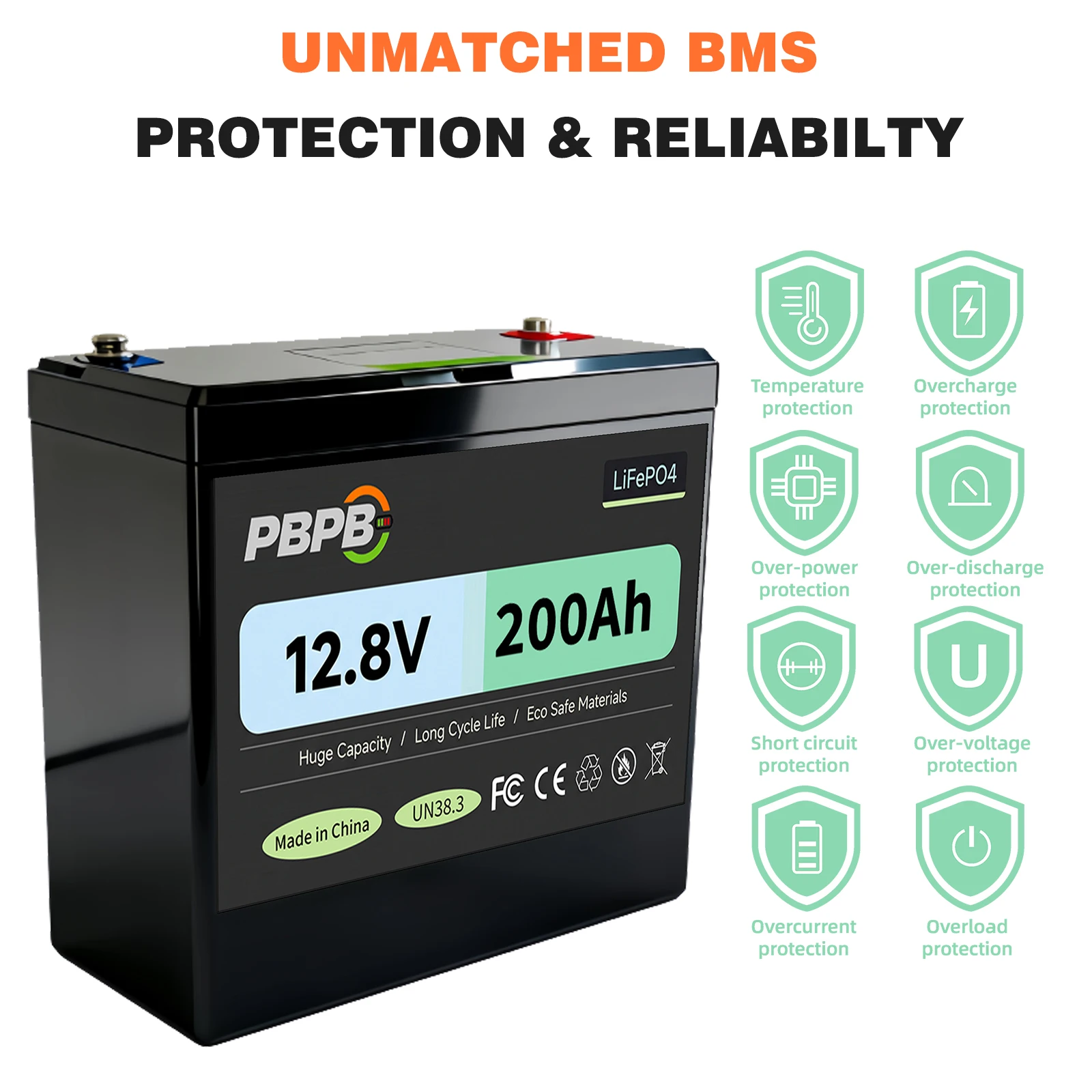12.8V 200Ah LiFePO4 Battery Built-in Smart BMS,8000+ Cycles, Suitable for Solar Panels, Camper Vans, Marine Crafts, Overlanding