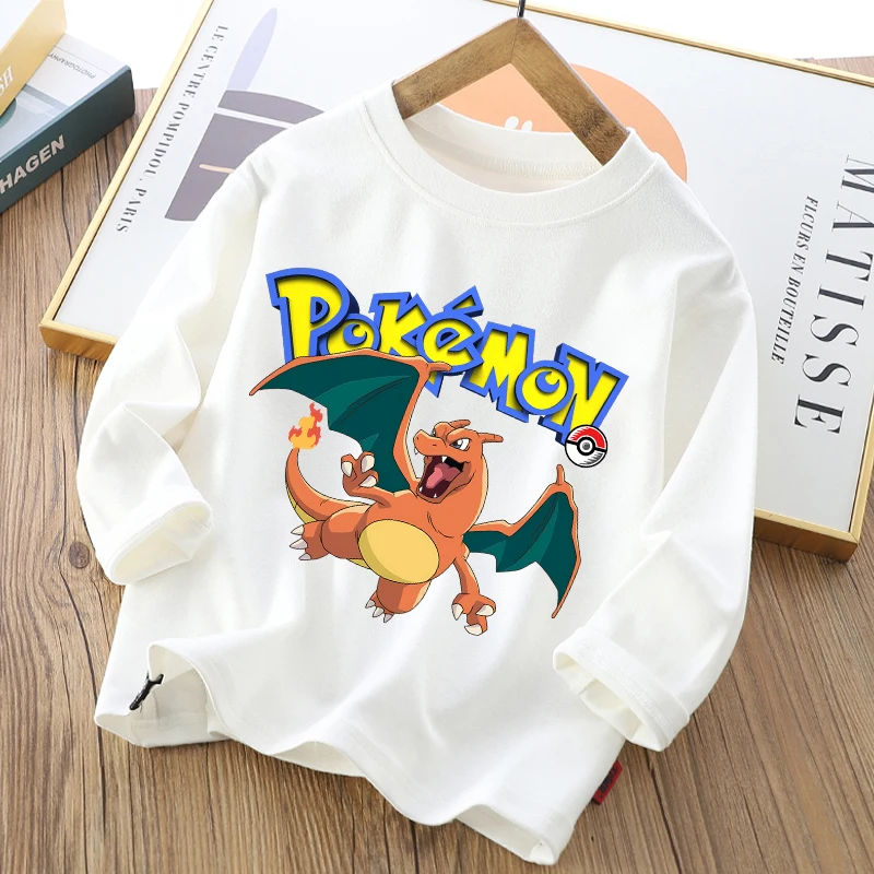 New Pokemon Kids Long-sleeved T-shirts Pikachu Cartoon Printed Tops Boys Winter Casual Cotton T-shirt Autumn Children Clothing