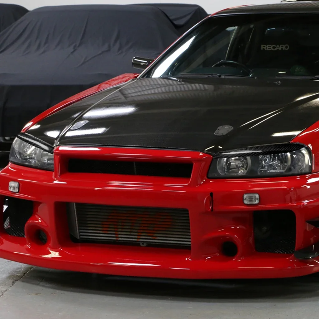 GEFENSI Car Headlights Eyebrow Eyelids Stickers Trim Cover For Nissan Skyline R34 1999 2000 2001 2002 Real Carbon Fiber