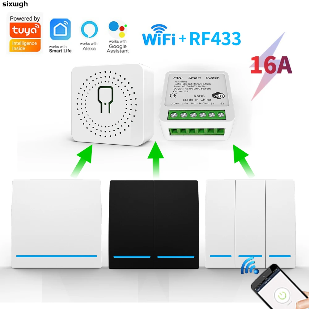 

Умный беспроводной выключатель WiFi 16A Tuya с дистанционным управлением, поддержка приложения Smart Life, совместим с голосовым управлением Alexa.