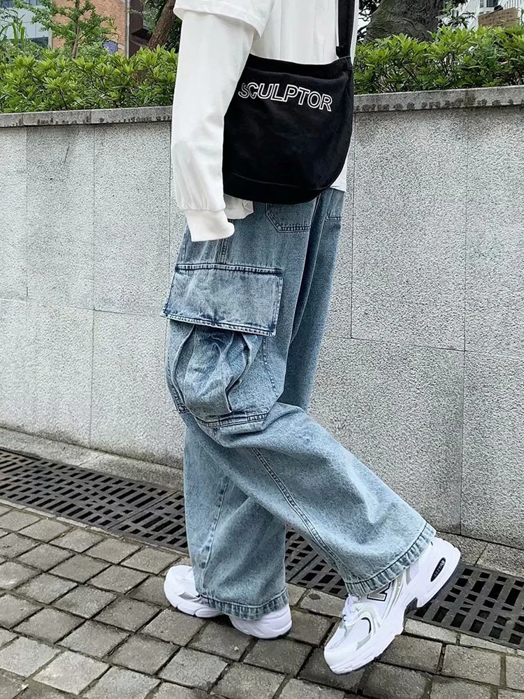 Baggy Jeans Men's Oversize Streetwear Fashion Wide Leg Cargo Pants Hip Hop Harajuku Multi-Pocket Denim Trousers Black Blue