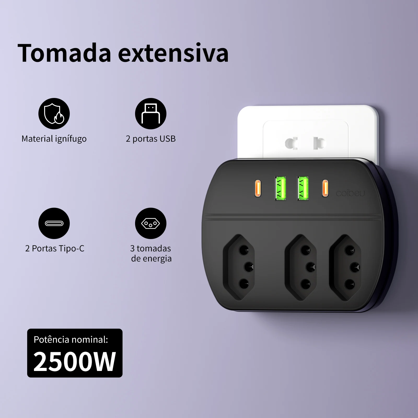 Extensão de Tomada com 3 Tomadas 2 USB 2 Type-C Material Ignífugo Potência 2500W Carregamento Múltiplo para Celular Tablet Fone