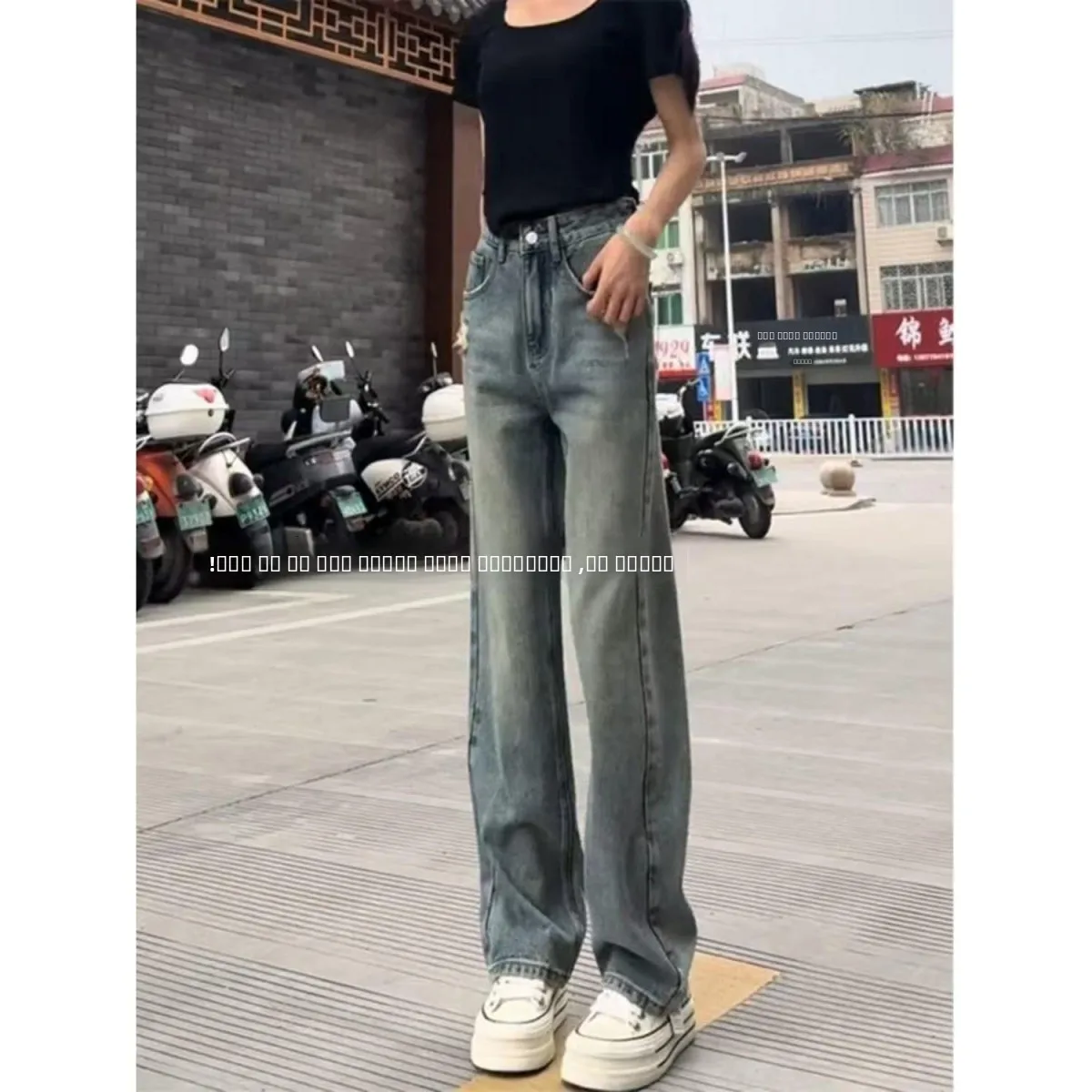 

High Waist Slimming Floor-Length Denim Jeans Women's Faionable Versatile Hole Sexy Girl Casual Straight Leg Cotton Blend