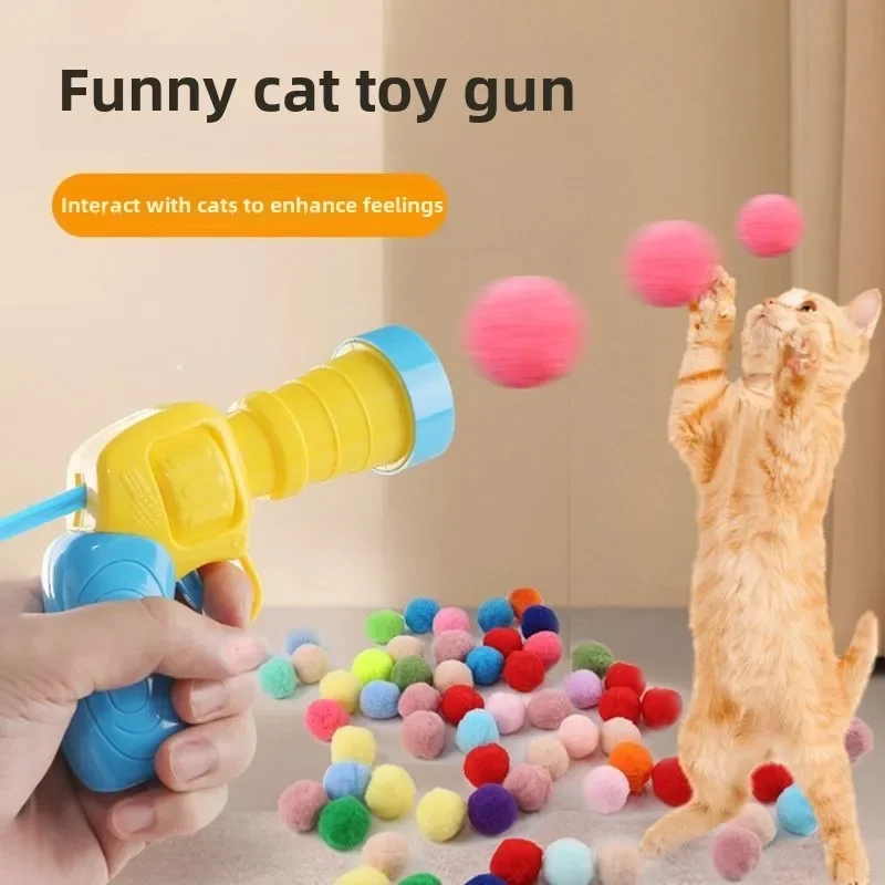 Interactive Cats Toys Funny Cat Launching Toy Gun Silent Polyester Plush Ball Funny Cat Stick Pet Launching Ball Toy Guns Home