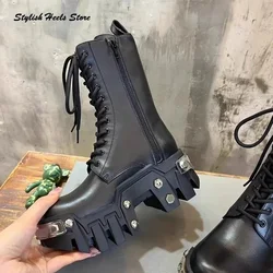 Unisex Rivet Black Motorcycle Boots Round Toe Thick Sole Side Zipper Ankle Boots Fashion Cool Height Increasing Modern Booties