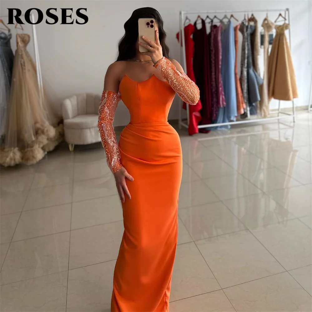 

ROSES Bright Orange Elegant Prom Dresses Off-Shoulder Sweetheart Evening Dress for Woman Shiny Satin Ball Gown robes de soirée