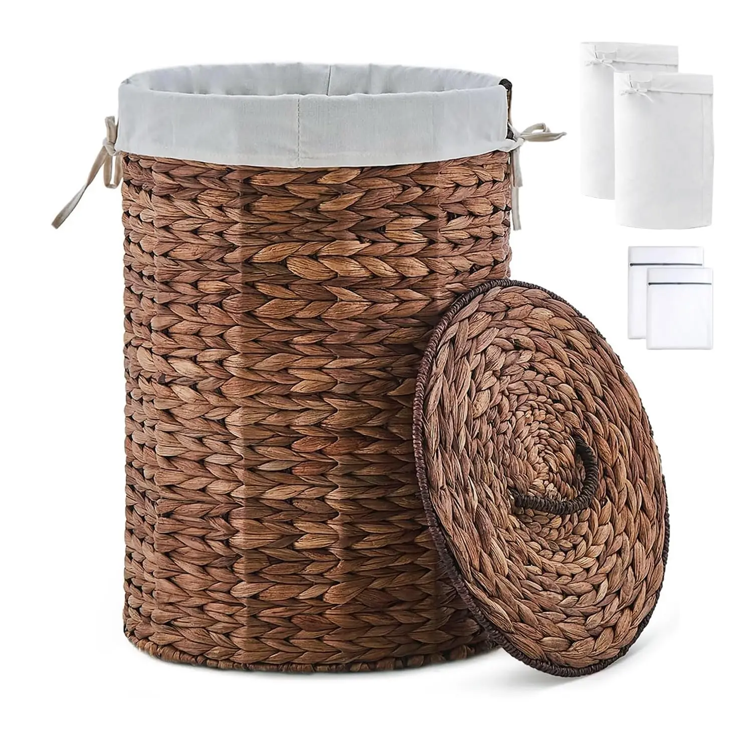 Round Water Hyacinth Laundry Hamper with Lid Handwoven Wicker Basket with Handles for Dirty Clothes, Storage, and Organization