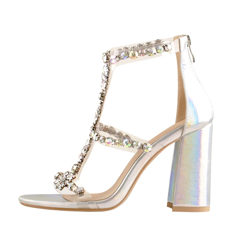 Onlymaker Women Gold Rhinestone Gladiator Sandals Floral Crystal Clear T-Strap Ankle Cuff Zipper Chunky Heel Wedding Party Heels view 6