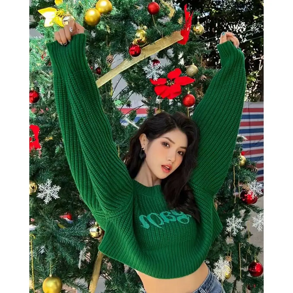 

Letter Embroidery Short Christmas Sweater Women's Knitted Outerwear Autumn Casual Top Female Loose Knit Pullover Tops