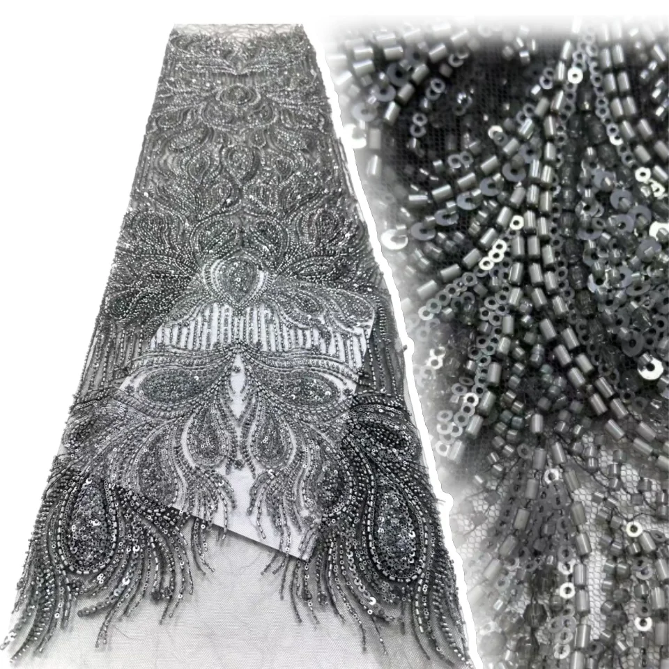 

Madison African Heavy Sequins Beaded Groom Lace Fabric High Quality French Tulle Lace Fabric Embroidery Nigerian Fabrics CC1223