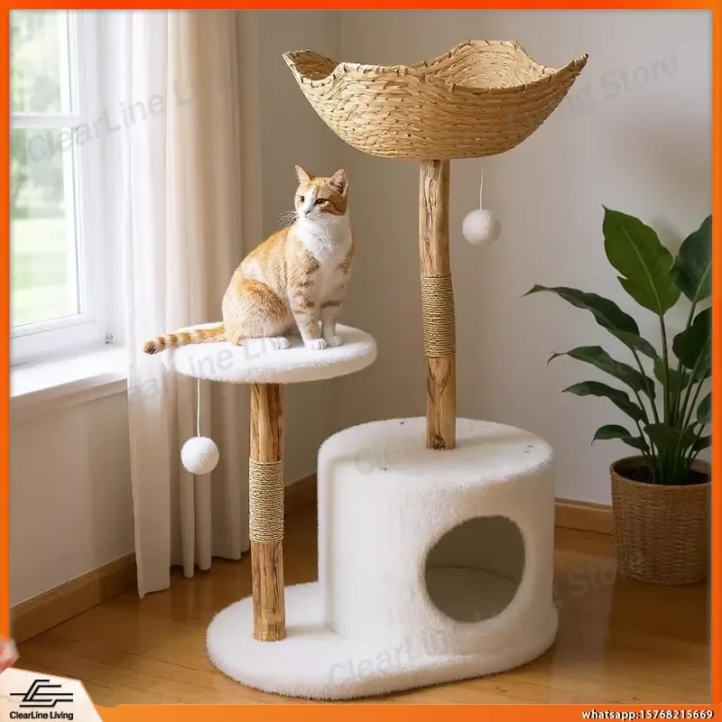 Multi-Level Cat Tree Tower with Cozy Bed Wicker Basket Condo Wooden Scratching Post Climbing Activity Center for Cats Indoor