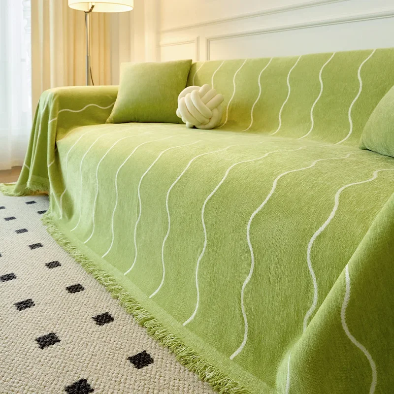 Thicken Chenille Green Stripe Sofa Cover Cloth Dustproof Full Cover Four Seasons Universal Sofa Sheet Sofa Blanket Home Goods